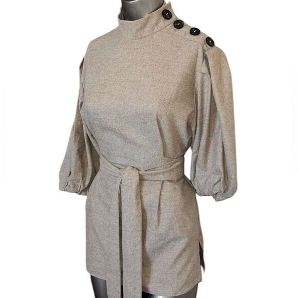 Zara Brown Black Puff‎ Sleeve Button Shoulder Tie Waist Top Medium - Picture 1 of 7